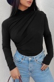 Casual Solid Fold Basic Turtleneck Tops