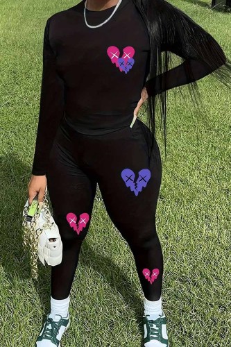 Casual Print Patchwork O Neck Long Sleeve Two Pieces