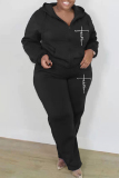Casual Solid Basic Hooded Collar Plus Size Two Pieces