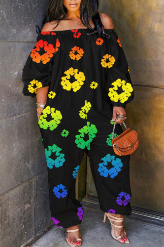 Casual Print Patchwork Off the Shoulder Regular Jumpsuits