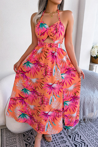 Bohemian Vacation Floral Hollowed Out Frenulum Halter Printed Dress Dresses