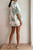 Sweet Floral Pocket Turndown Collar Short Sleeve Two Pieces