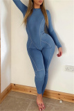 Casual Sportswear Solid Patchwork O Neck Skinny Jumpsuits