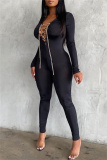 Sexy Casual Solid Hollowed Out Chains V Neck Skinny Jumpsuits