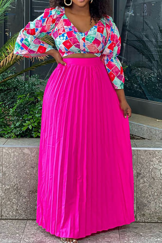 Print Patchwork Pleated V Neck Long Sleeve Two Pieces
