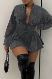 Casual Solid Make Old Patchwork Zipper O Neck Regular Rompers