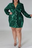 Casual Solid Sequins With Belt Turndown Collar Long Sleeve Plus Size Dresses