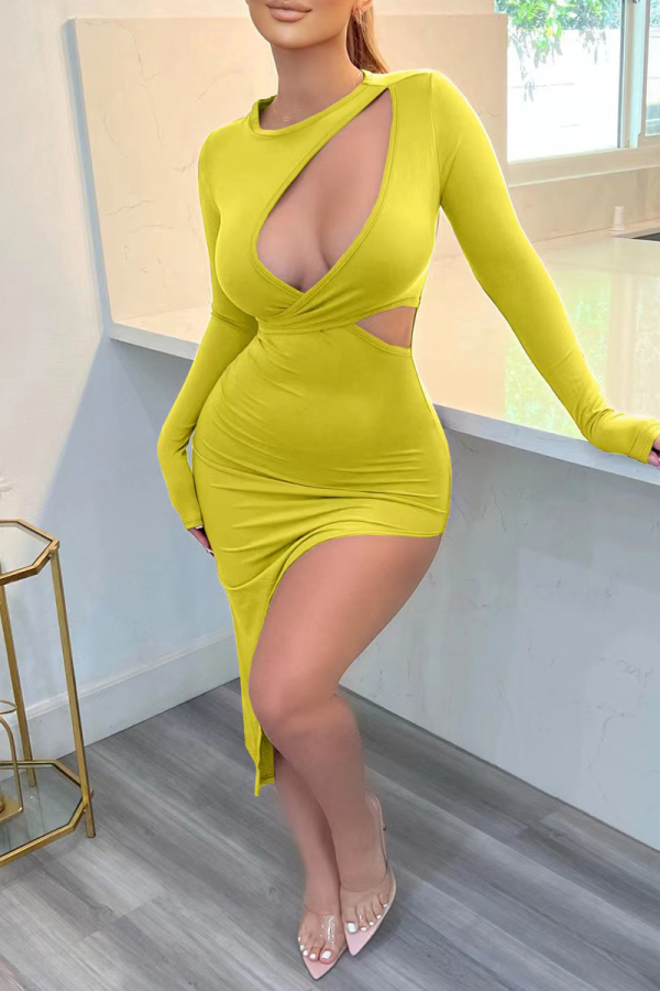 Sexy Solid Hollowed Out Slit O Neck Long Sleeve Dresses