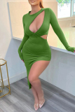 Sexy Solid Hollowed Out Slit O Neck Long Sleeve Dresses