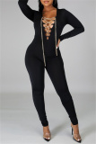 Sexy Casual Solid Hollowed Out Chains V Neck Skinny Jumpsuits