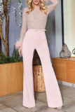 White Fashion Sexy Solid Patchwork Feathers Beading O Neck Straight Jumpsuits