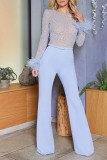 Light Blue Fashion Sexy Solid Patchwork Feathers Beading O Neck Straight Jumpsuits