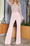 White Fashion Sexy Solid Patchwork Feathers Beading O Neck Straight Jumpsuits