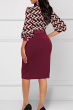 Elegant Print Patchwork Buttons Slit With Bow O Neck Pencil Skirt Dresses