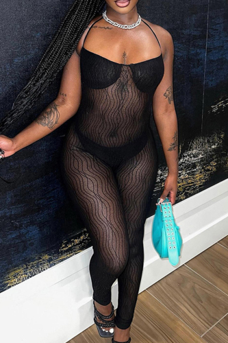 Street Solid Patchwork See-through Halter Skinny Jumpsuits