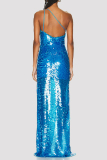 Sexy Patchwork Hollowed Out Sequins Backless Slit Oblique Collar Long Dress Dresses