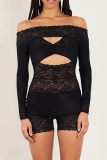 Sexy Solid Lace Hollowed Out Patchwork Off the Shoulder Skinny Rompers
