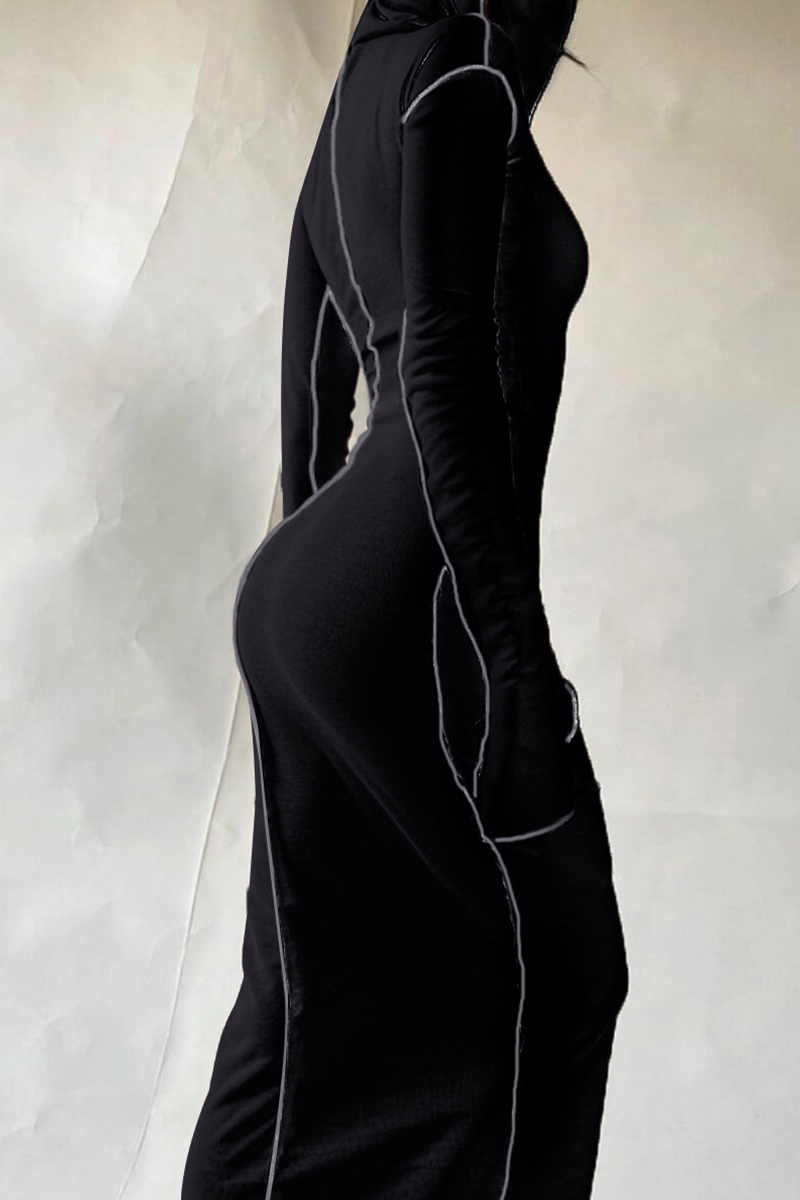 Office Collared Horn Long Sleeve Black White Contrast Color Length Dress main image 1