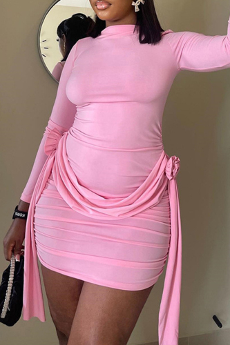 Street Solid Patchwork Fold O Neck Wrapped Skirt Dresses