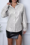 Casual Patchwork Sequins Turndown Collar Tops