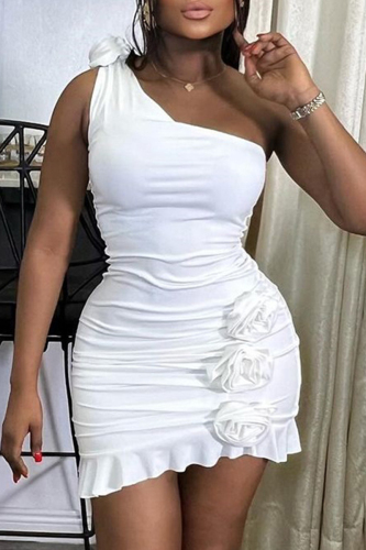 Street Solid Patchwork Fold One Shoulder Wrapped Skirt Dresses