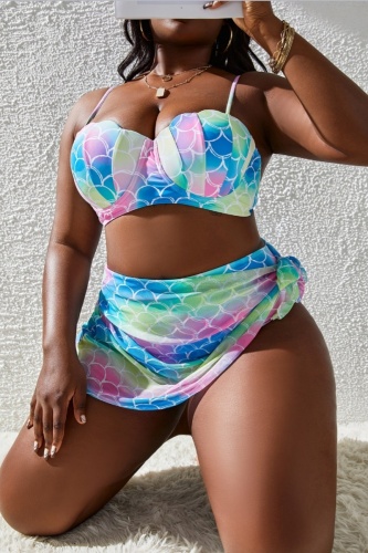 Sexy Print Backless Spaghetti Strap Plus Size Swimwear Three Piece Set (With Paddings)