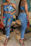 Denim Sexy Backless Spaghetti Strap Crop Tops Skinny Pants Sleeveless Two Piece Sets
