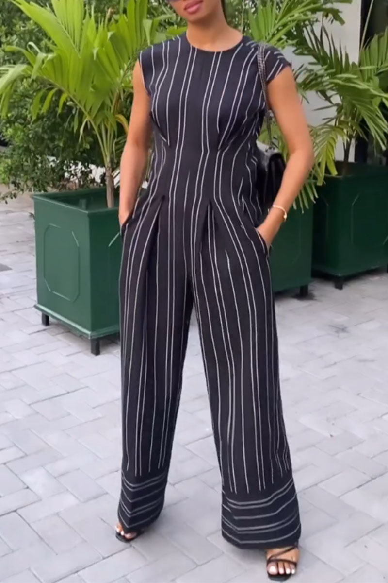 Short Sleeve Striped Regular Fit Regular Casual Jumpsuit kmy25y22707