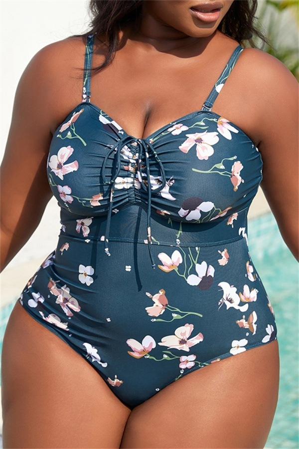 Sexy Print Backless Spaghetti Strap Plus Size Swimwear (With Paddings)