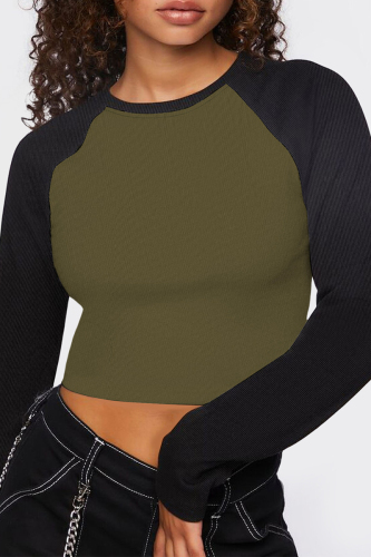 Casual Color Block Patchwork Contrast O Neck Tops
