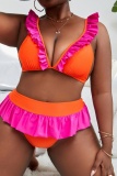 Sexy Patchwork Bandage Backless Contrast V Neck Plus Size Swimwear (With Paddings)