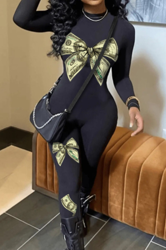 Casual Print Patchwork Zipper O Neck Skinny Jumpsuits
