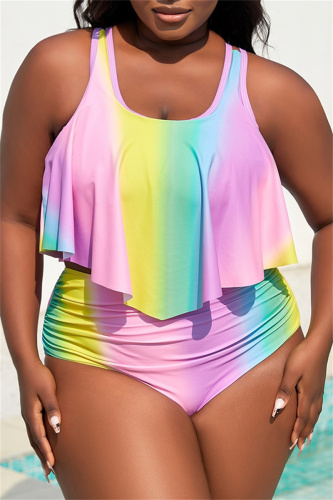 Sexy Gradual Change Print Backless U Neck Plus Size Swimwear Set (With Paddings)