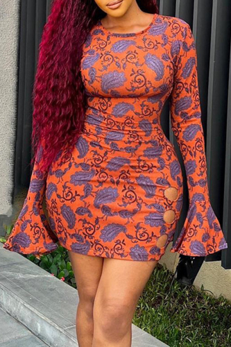 Street Print Patchwork O Neck Wrapped Skirt Dresses