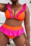 Sexy Patchwork Bandage Backless Contrast V Neck Plus Size Swimwear (With Paddings)