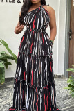 Striped Print Sleeveless One Shoulder Lace Up Slim Fit Daily Pleated Vacation Maxi Dress