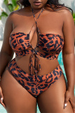 Sexy Print Leopard Bandage Backless Halter Plus Size Swimsuit Three Piece Set (With Paddings)