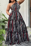 Striped Print Sleeveless One Shoulder Lace Up Slim Fit Daily Pleated Vacation Maxi Dress