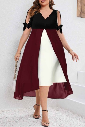 Casual Patchwork Frenulum Contrast V Neck Short Sleeve Dress Plus Size Dresses