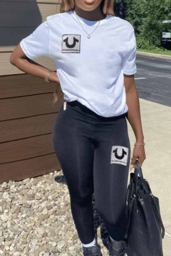 Casual Print Letter O Neck Short Sleeve Two Pieces