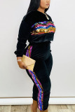 Black OL Fashion adult Solid Two Piece Suits Patchwork Sequin pencil Long Sleeve Two-piece Pant