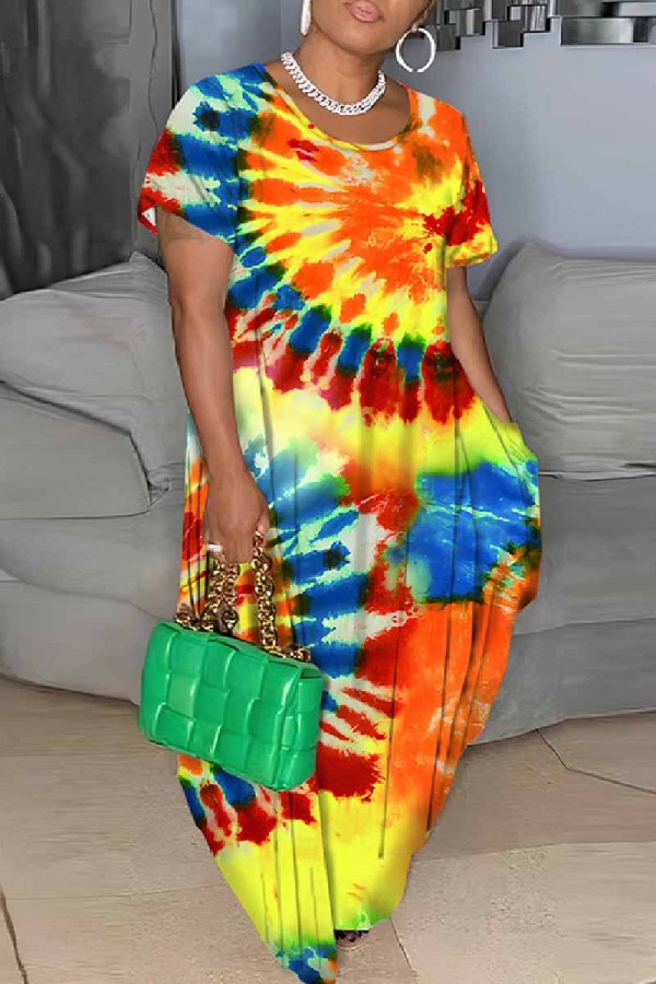 Plus Size Rainbow Multicolor Round Neck Long Maxi T-shirt Dresses
