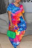 Plus Size Rainbow Multicolor Round Neck Long Maxi T-shirt Dresses