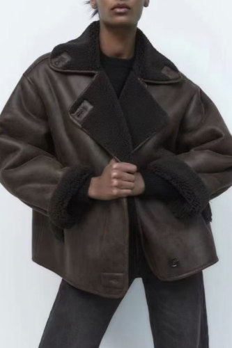 Casual Solid Patchwork Cardigan Turndown Collar Outerwear