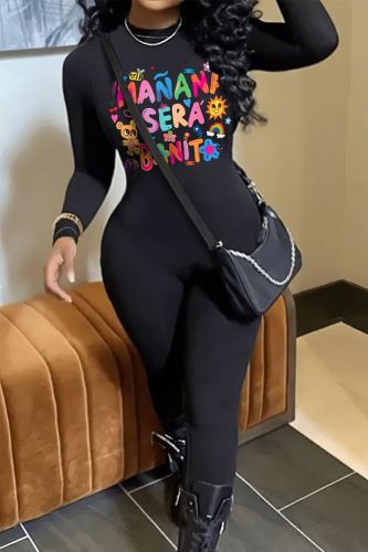 Sexy Print Patchwork Zipper O Neck Skinny Jumpsuits