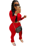 Red knit Sexy Fashion Patchwork Two Piece Suits Solid Straight Long Sleeve 
