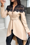 Casual Solid Lace Patchwork Asymmetrical Zipper Collar Outerwear