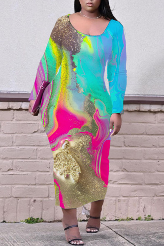 Casual Print Basic U Neck Long Sleeve Dresses