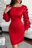 Casual Solid Patchwork Backless O Neck Long Sleeve Dresses
