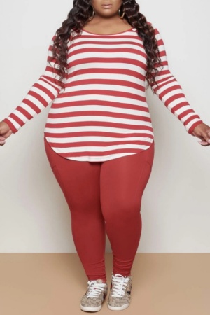 Casual Striped Print Basic O Neck Plus Size Two Pieces